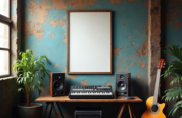 Retro music studio photo. Empty white poster mockup hangs on blue wall. Musical instruments like synthesizers guitar speakers are near. Interior design concept for promotion or event.