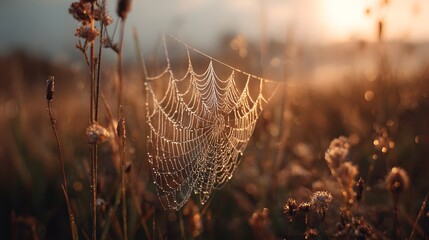 Spiderweb adorned with dew drops in a sunlit meadow at dawn.