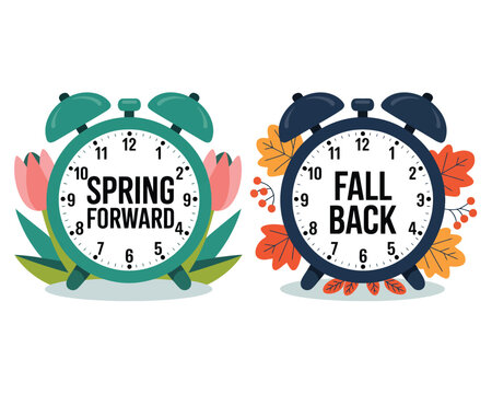 Spring forward fall back clock illustration featuring seasonal flowers, autumn leaves, vintage alarm clocks, and daylight saving time reminder artwork.