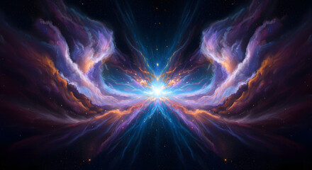 Celestial Aurora: A symmetrical abstract cosmic artwork showcasing vibrant nebula clouds and energetic light emanating