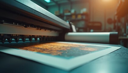 Large format printer outputs image onto paper in industrial workshop. Close-up view shows printing nozzles applying ink. Modern printing tech creates vivid colors. Factory production line operates.
