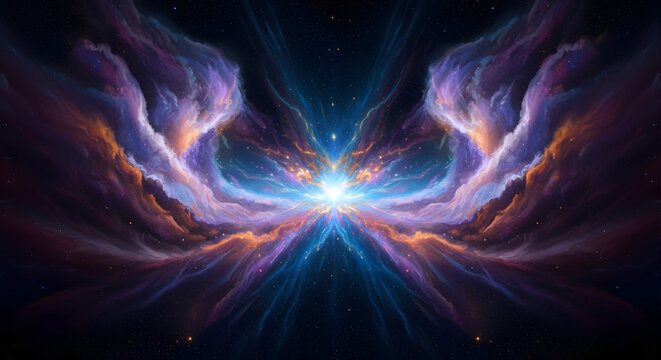 Celestial Aurora: A symmetrical abstract cosmic artwork showcasing vibrant nebula clouds and energetic light emanating