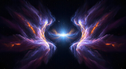 Symmetrical cosmic cloud formation with a radiant central point of light within a starry deep space backdrop providing