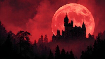 Spooky castle silhouette under a blood red moon in a dark forest.