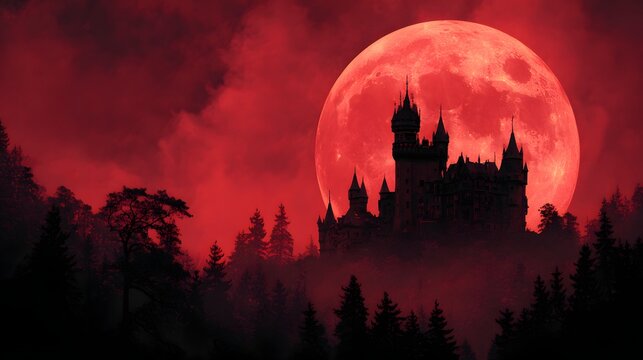 Spooky castle silhouette under a blood red moon in a dark forest.