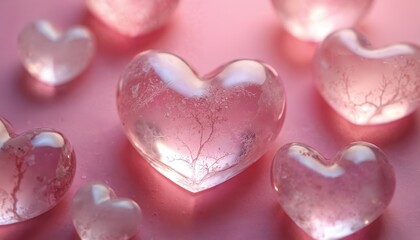 Obraz premium Pink quartz hearts scattered on a soft pink surface. Translucent crystal shapes contain delicate branch-like inclusions. Gentle lighting creates subtle glows and reflections.
