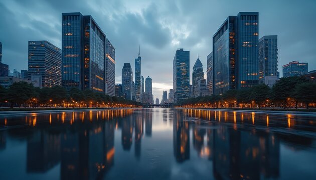 Modern skyscrapers with glass facades reflect in calm water at twilight. Cityscape lights illuminate trees along waterfront boulevard. Urban business district at dusk. - Powered by Adobe