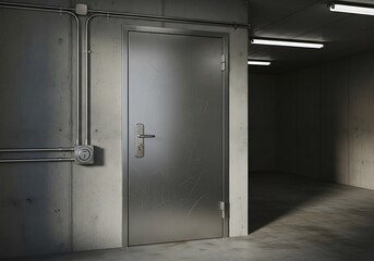 Steel door in concrete wall with electrical conduits inside industrial hall