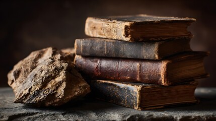 Stack of ancient weathered books next to a rough stone on a dark surface.