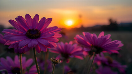 Vibrant Pink Daisies Silhouetted Against a Golden Summer Sunset