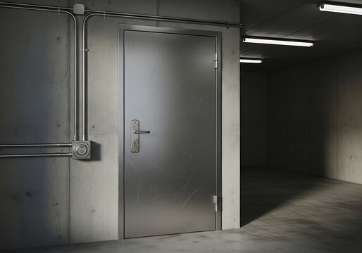 Steel door in concrete wall with electrical conduits inside industrial hall