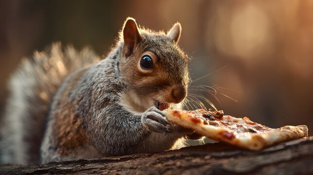 Squirrel enjoying a slice of pizza outdoors. - Powered by Adobe