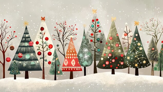 A whimsical Christmas-themed background with an array of stylized trees adorned in ornaments