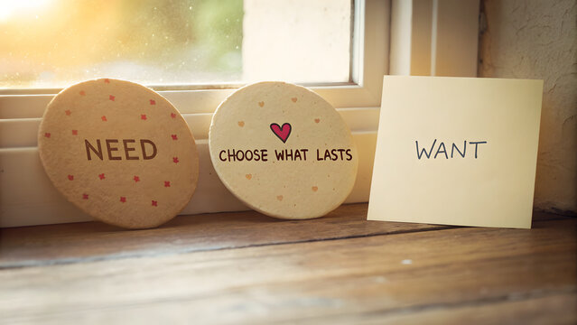 Cardboard circles with motivational messages on a wooden surface