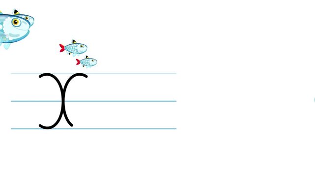 X letter writing like x &ndash; ray fish cartoon animation. A compatibile part of the alphabet serie. Handwriting educational style for children. Good for education movies, presentation, learning alphabet.