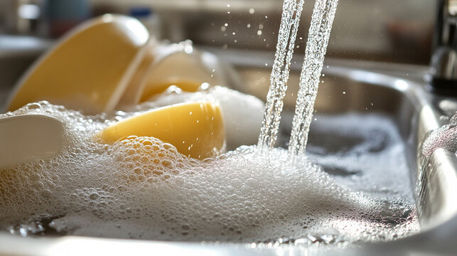 Sink filled with soapy dishes and bubbles, highlighting kitchen cleaning, domestic chores, and everyday home life, ideal for lifestyle, culinary, and household visual content