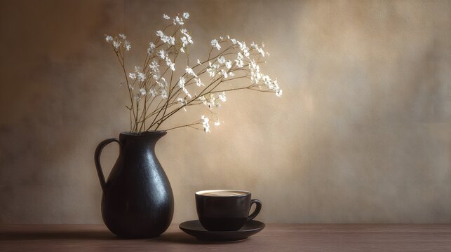 Still life with delicate white flowers in a dark pitcher and a black coffee cup on a saucer.