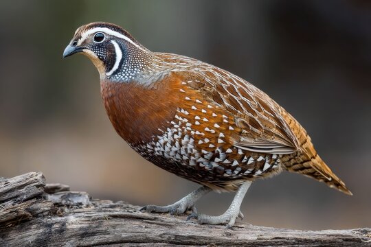 Bobwhite Quail Perched Elegantly on a Log Amidst Lush Grass in a Natural Wildlife Setting