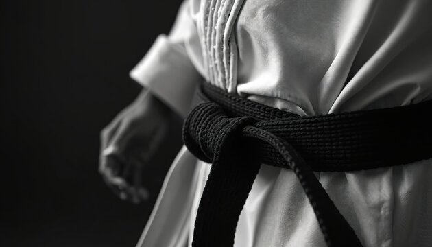 Monochrome studio photo of a black belt tied around white karate gi. Martial arts training, dojo, self defense concept. Focus on belt and uniform detail.