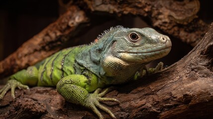 Fototapeta premium Brachylophus Fasciatus: The Vibrant Lau Banded Iguana in a Lush Habitat at the ÅÃ³dÅº Zoo, Poland
