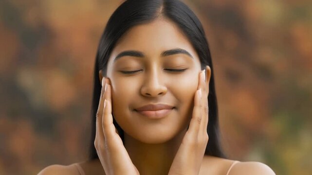 Serene woman with eyes closed, hands touching face, enjoying a moment of self-care and relaxation