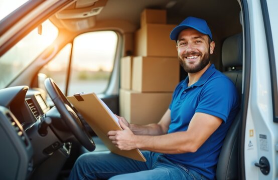 Smiling delivery man in uniform inside van. Male worker checks documents on clipboard. Boxes are stacked in vehicle. Professional driver looks at camera. Shipping service concept.