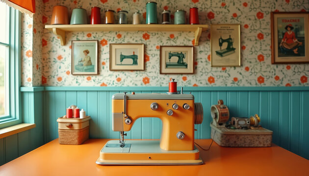 Retro sewing room has vintage orange sewing machine on desk. Ornate wallpaper with floral pattern and teal wainscoting adorn walls. Decorative items on shelf above. - Powered by Adobe