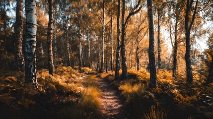 Obraz premium Sunlit Forest Path Through Autumn Trees.