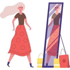 Woman With Long Blond Hair Wearing A Brown Shirt And A Red Polka Dot Skirt Looks Confidently In A Mirror With Shopping Bags Nearby A Full Length Mirror Reflects Her Image And The Surrounding Items
