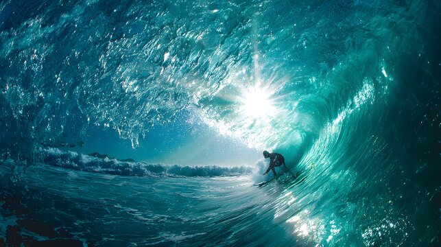 Surfer Riding a Powerful Ocean Wave with Sunburst Underwater View.