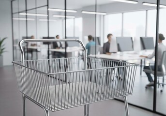 Modern office scene with an empty metal cart, ready for new projects or internal logistics, with blurred workers.