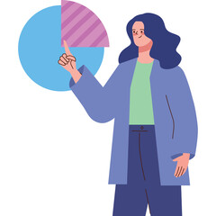 Woman in Blue Jacket and Green Shirt Points to a Pie Chart With Blue and Pink Segments Against a White Background