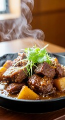 Delectable, steaming hot beef stew with tender potatoes and fresh herbs in a rich sauce, ready to be enjoyed. A comforting, savory meal.
