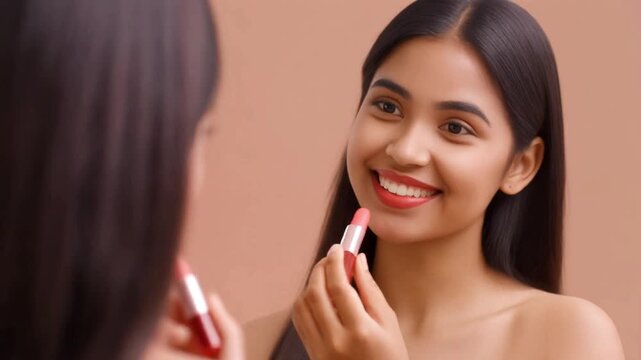 An elegant young Indian woman with a radiant smile carefully applies pink lipstick, her reflection captured in the mirror with a soft focus