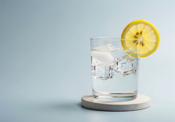Refreshing glass of iced water with a lemon slice on a minimalist blue background. Hydration and healthy lifestyle concept with copy space.