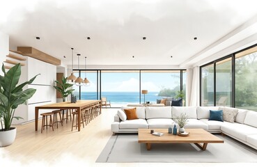 Fototapeta premium Spacious open concept living, dining area with large windows overlooking serene ocean view. Modern white sectional sofa, long wooden table with stools create stylish, airy space ideal for relaxation,