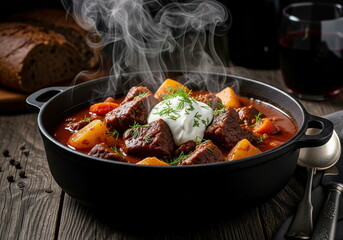 Hearty beef goulash with potatoes, carrots, and a dollop of sour cream, steaming in a black pot on a rustic wooden background.