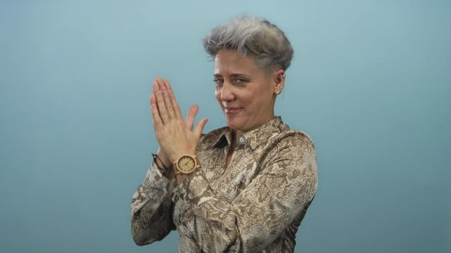 Caucasian woman with short grey hair presses palms together and smiles in a light blue studio while wearing a snakeskin print blouse; serenity.