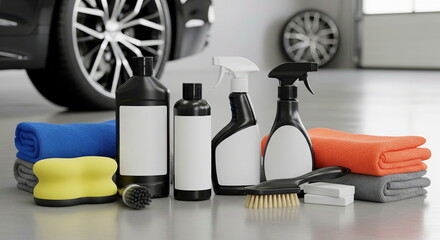 Complete car detailing kit with cleaning solutions, microfiber towels, sponges, and brushes, ready for professional auto care in a garage setting.