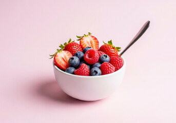 Fresh mixed berries in a white bowl with a spoon on a pastel pink background. Healthy, delicious breakfast or snack food.