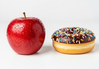 Fresh red apple and chocolate donut. Contrasting healthy vs. unhealthy food choices, diet, and lifestyle decisions.