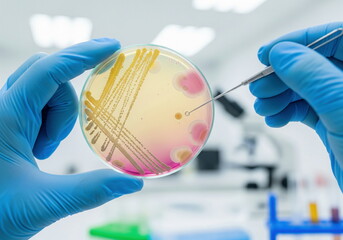 Gloved hands with inoculation loop sampling bacterial colonies in a petri dish for scientific research in a laboratory setting.