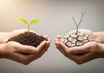Hands hold contrasting soils: one with a green seedling, one with a dead plant on cracked earth, symbolizing environmental choices and climate change.