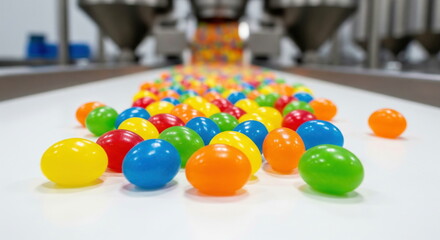 Vibrant oval candies on a conveyor belt in a modern factory, illustrating automated production for food or confectionery industries.