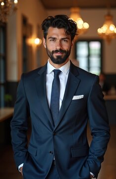 Young man in sharp dark blue suit and tie stands with hands in pockets. He has dark hair beard and confident look. Background is blurred indoor setting with warm lighting.