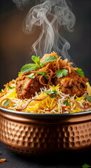 Delicious, steaming hot chicken biryani in a traditional copper pot, garnished with mint and fried onions, showcasing authentic Indian cuisine.