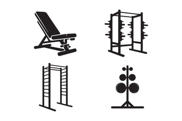 Collection of gym equipment silhouettes for workout and fitness