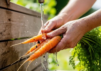 Hands washing freshly harvested organic carrots under running water, emphasizing freshness, healthy eating, and sustainable living.