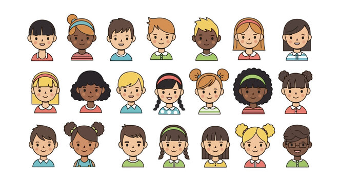 Diverse Group of Smiling Children A Vector Illustration Showcasing a Multicultural Array of Happy Kids in Cartoon Style