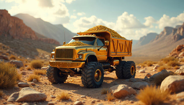 Golden dump truck full of coins drives in desert landscape near mountains. Truck carries wealth and treasure across rocky terrain under bright sunny sky. Offroad vehicle transports fortune.